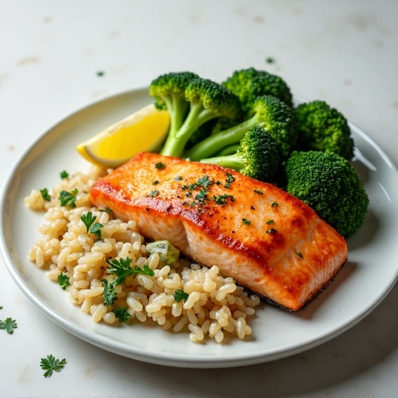 Seared Salmon with Steamed Broccoli and Lemon-Herb Brown Rice