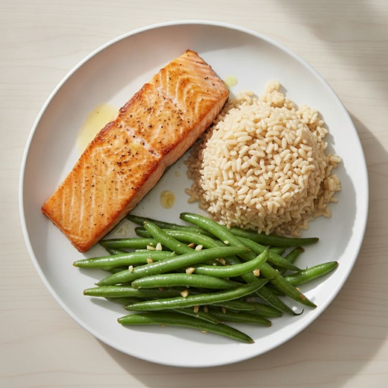 Seared Salmon with Garlic Green Beans and Brown Rice