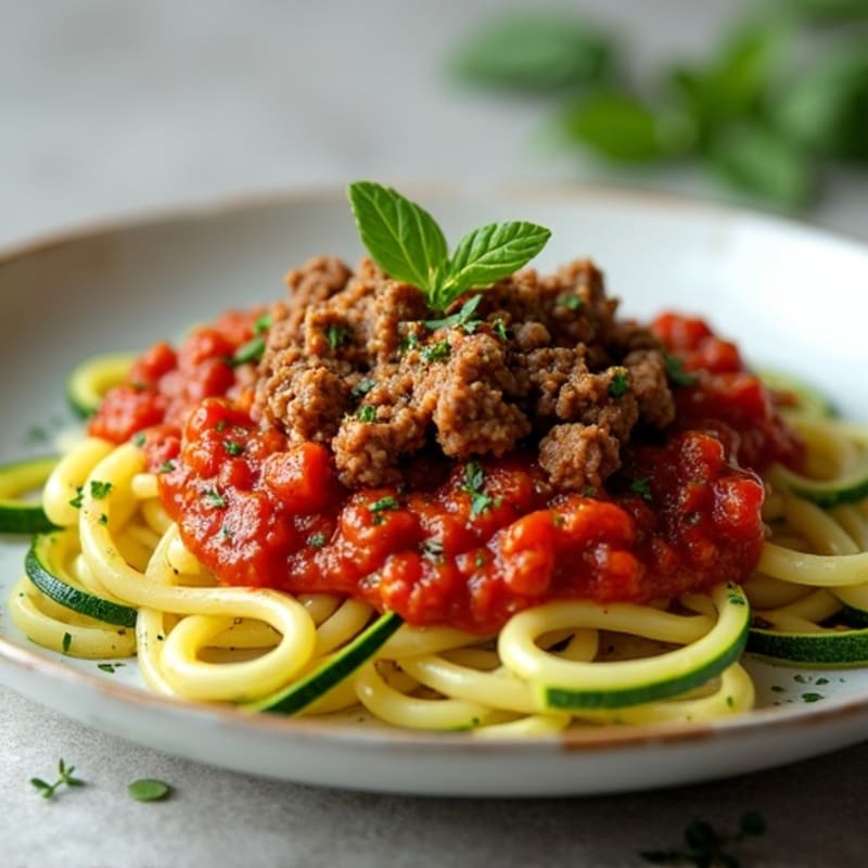 Lean Ground Beef Spaghetti with Zucchini Noodles and Tomato Sauce