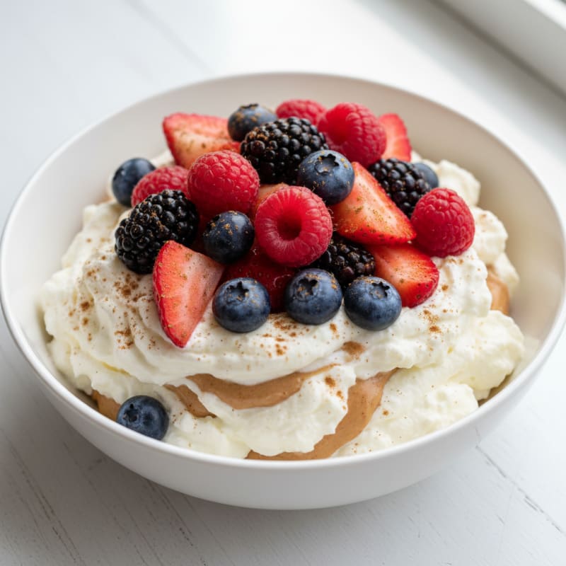 Greek Yogurt Protein Mousse with Almond Butter and Mixed Berries