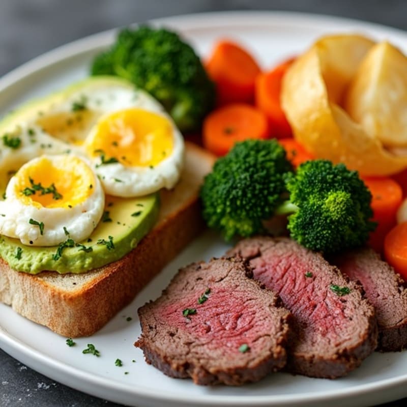 Herb-Grilled Beef Tips with Crispy Potato Wedges, Steamed Vegetables & Avocado Egg Toast