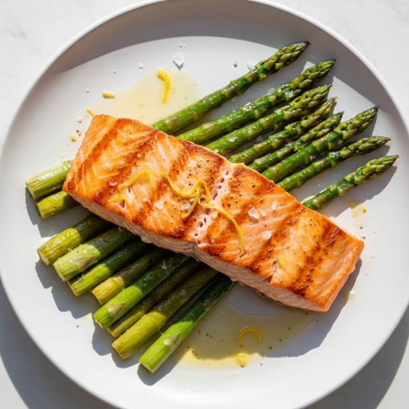 Seared Salmon Fillet with Roasted Asparagus and Lemon