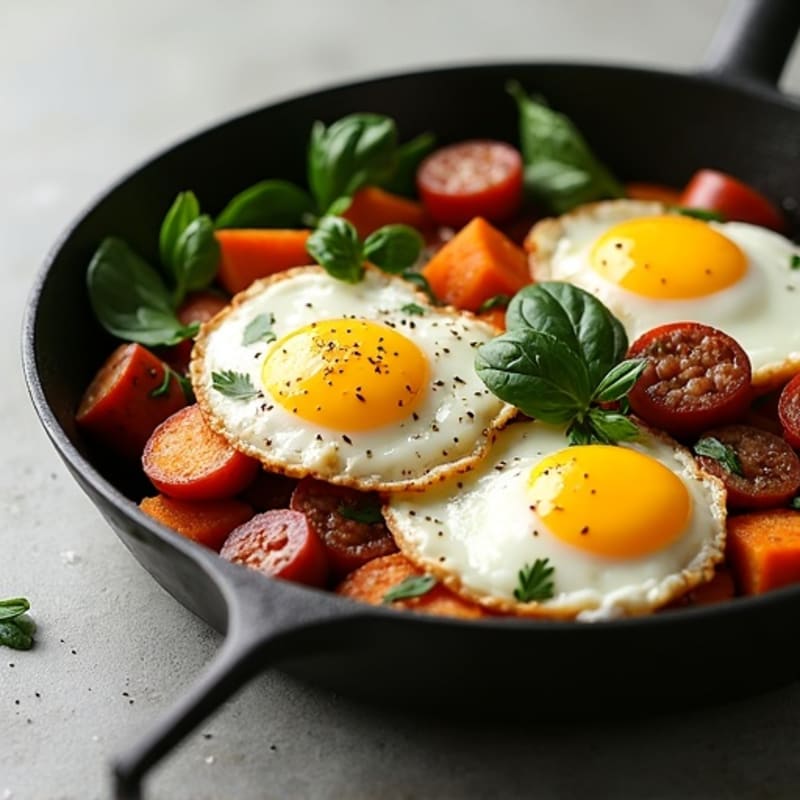 Chicken Sausage and Sweet Potato Skillet with Baked Eggs