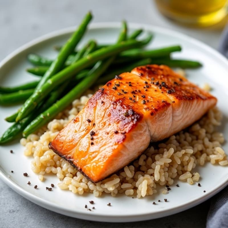 Seared Salmon with Steamed Green Beans and Brown Rice