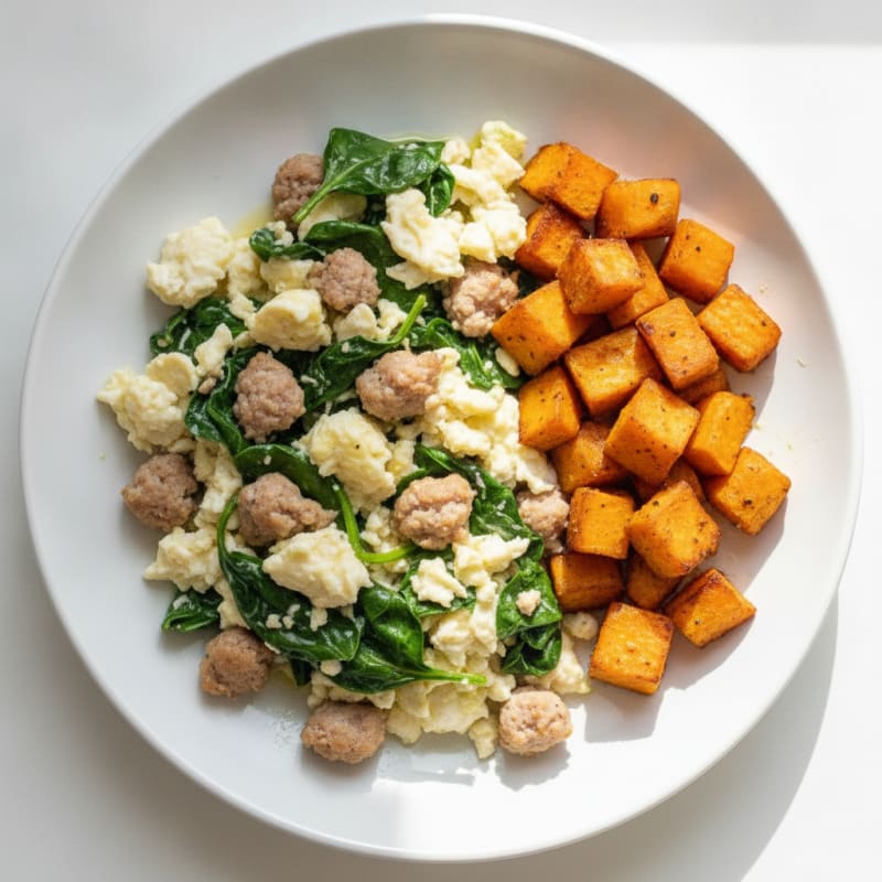 Egg White and Turkey Sausage Scramble with Spinach and Roasted Sweet Potato