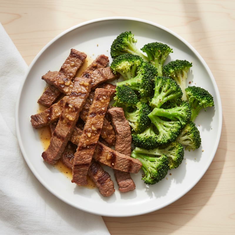 Seared Lean Beef Strips with Steamed Broccoli
