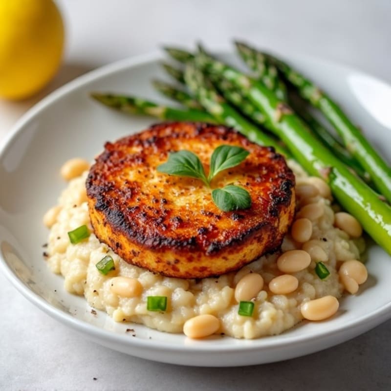 Baked Tempeh Steaks with Silky White Bean Mash and Roasted Asparagus