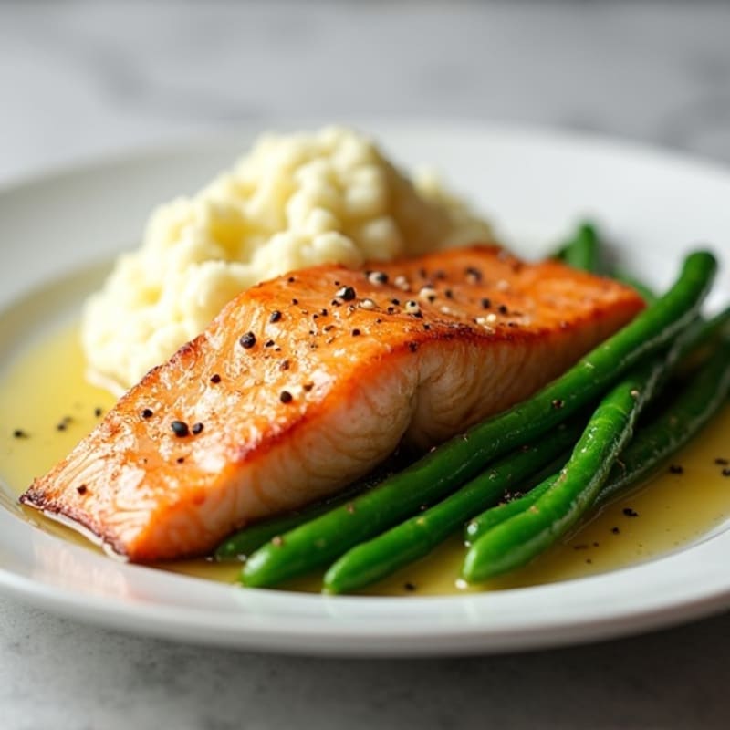 Seared Salmon with Garlic Green Beans and Mashed Cauliflower