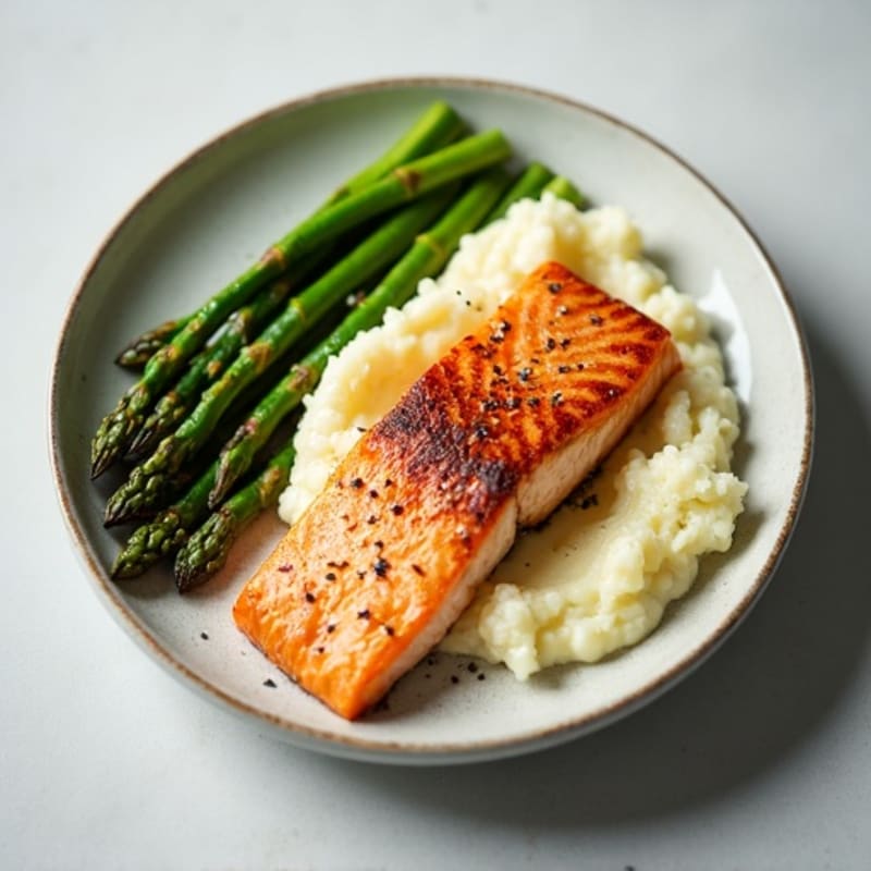 Seared Salmon with Steamed Asparagus and Cauliflower Mash