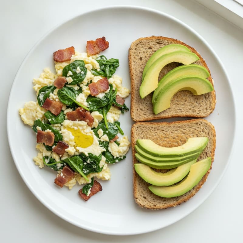 Crispy Turkey Bacon and Egg White Scramble with Sautéed Spinach