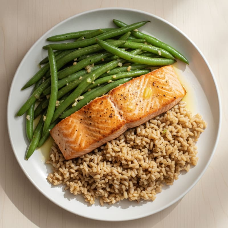 Seared Salmon with Garlic Green Beans and Brown Rice