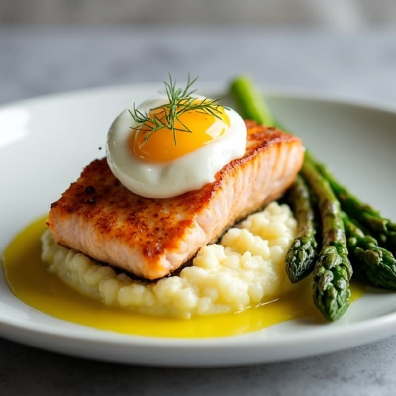 Seared Salmon Fillet with Steamed Asparagus, Cauliflower Mash & Poached Egg
