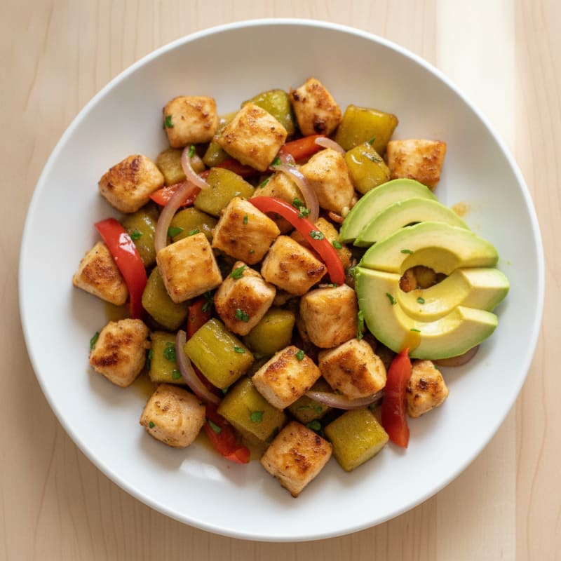 Chicken and Green Plantain Hash with Sautéed Avocado