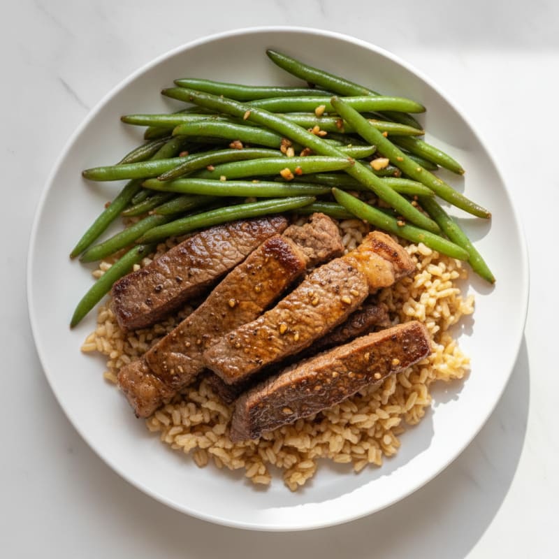 Seared Beef Strips with Garlic Green Beans and Brown Rice