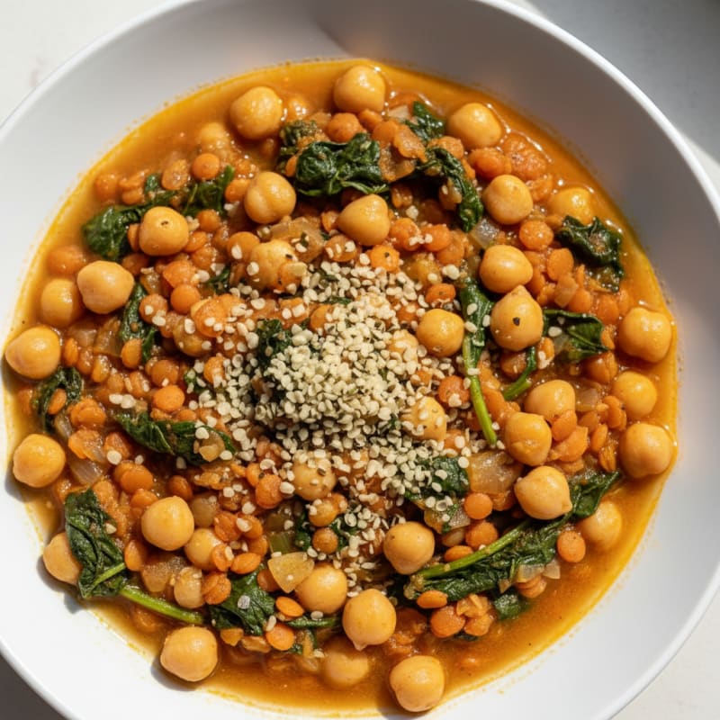 Lentil and Chickpea Stew with Leafy Greens and Hemp Seeds