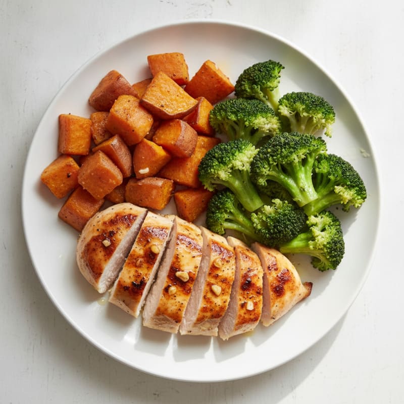 Grilled Chicken Breast with Roasted Sweet Potatoes and Steamed Broccoli