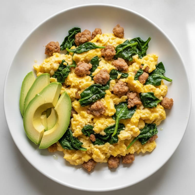 Creamy Scrambled Eggs with Turkey Sausage and Sautéed Spinach