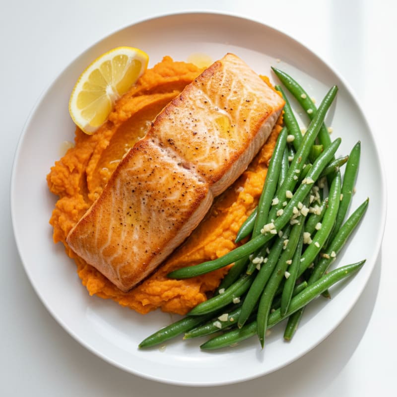 Seared Salmon with Garlic Green Beans and Sweet Potato Mash