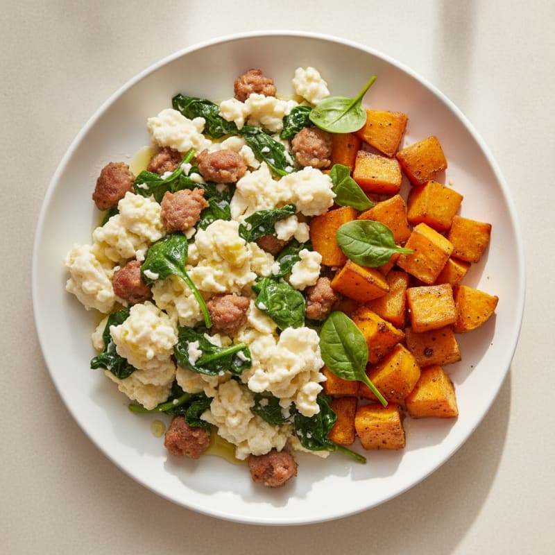 Egg White and Turkey Sausage Scramble with Spinach and Roasted Sweet Potatoes