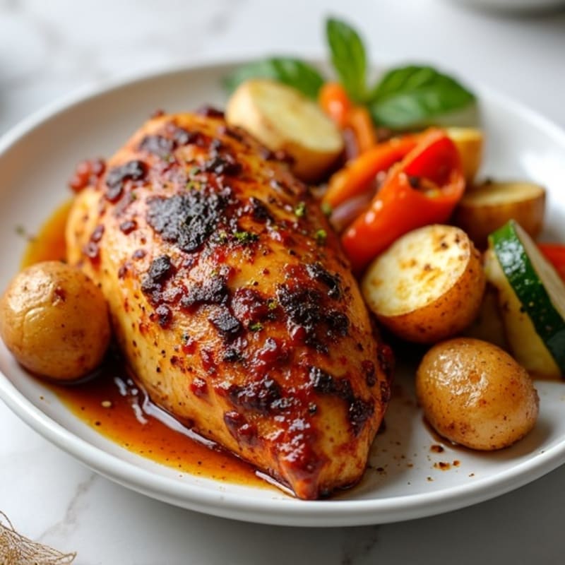 Tender Jerk Chicken with Roasted Vegetables and Crispy Potatoes
