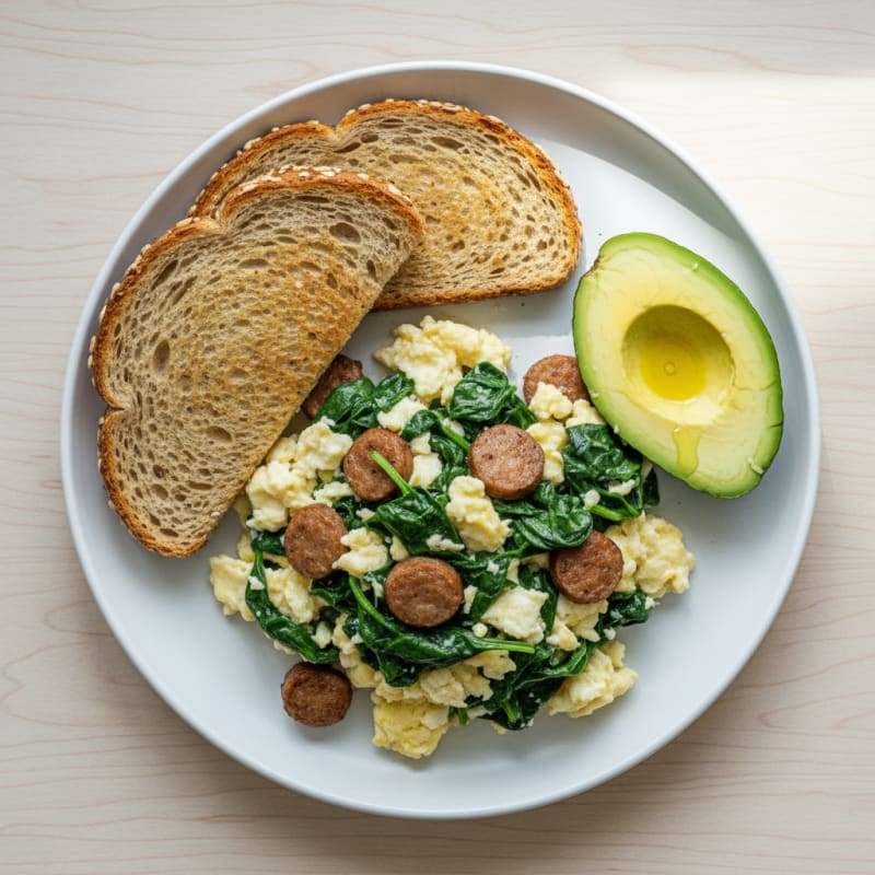 Egg White and Spinach Scramble with Turkey Sausage