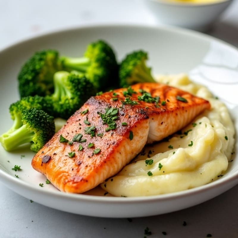 Seared Salmon Fillet with Steamed Broccoli and Garlic Cauliflower Mash