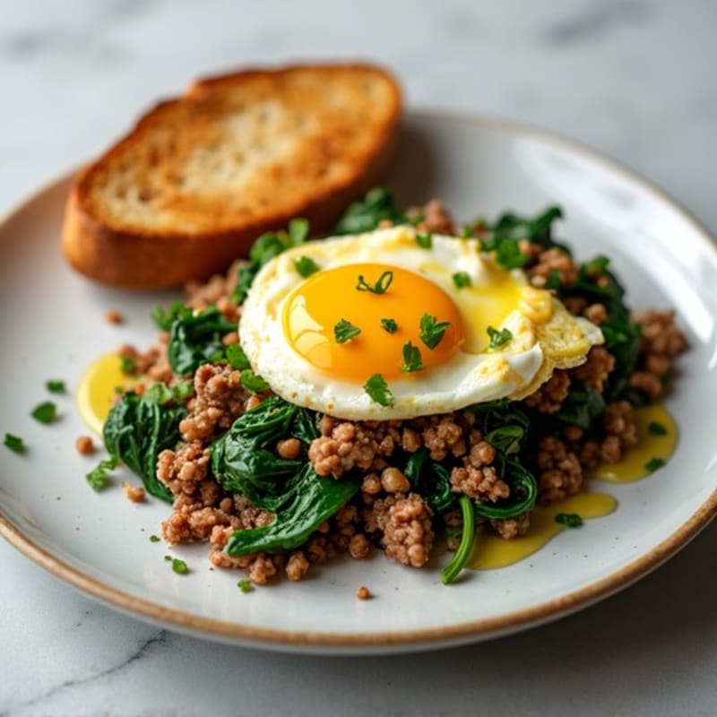 Ground Beef and Spinach Scramble with Egg and Toast
