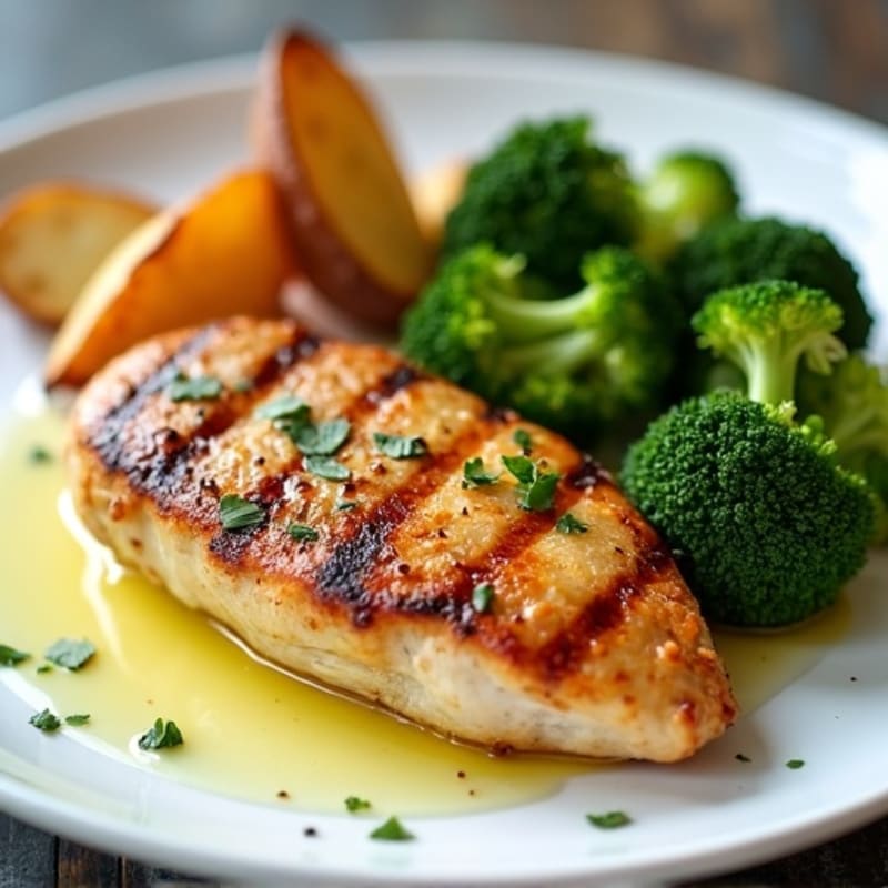 Grilled Chicken Breast with Roasted Potato Wedges and Steamed Broccoli