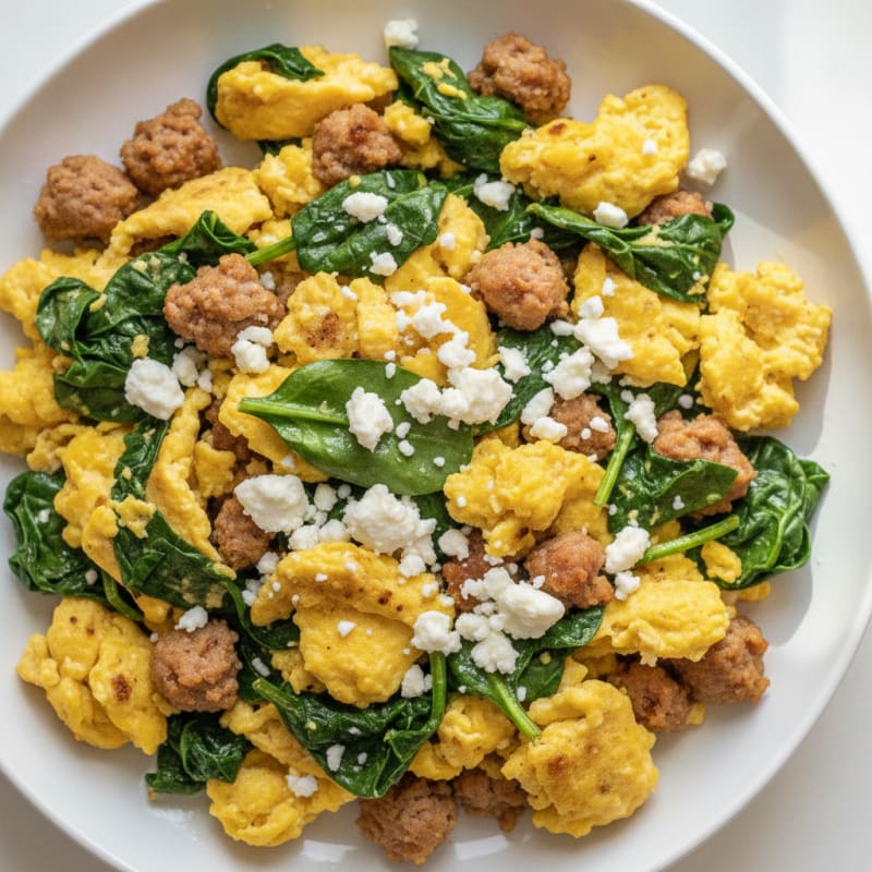 Scrambled Eggs with Turkey Sausage and Sautéed Spinach