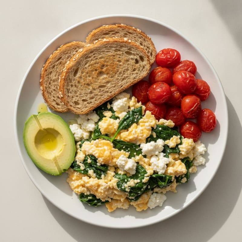Egg White Spinach Scramble with Cottage Cheese and Cherry Tomatoes