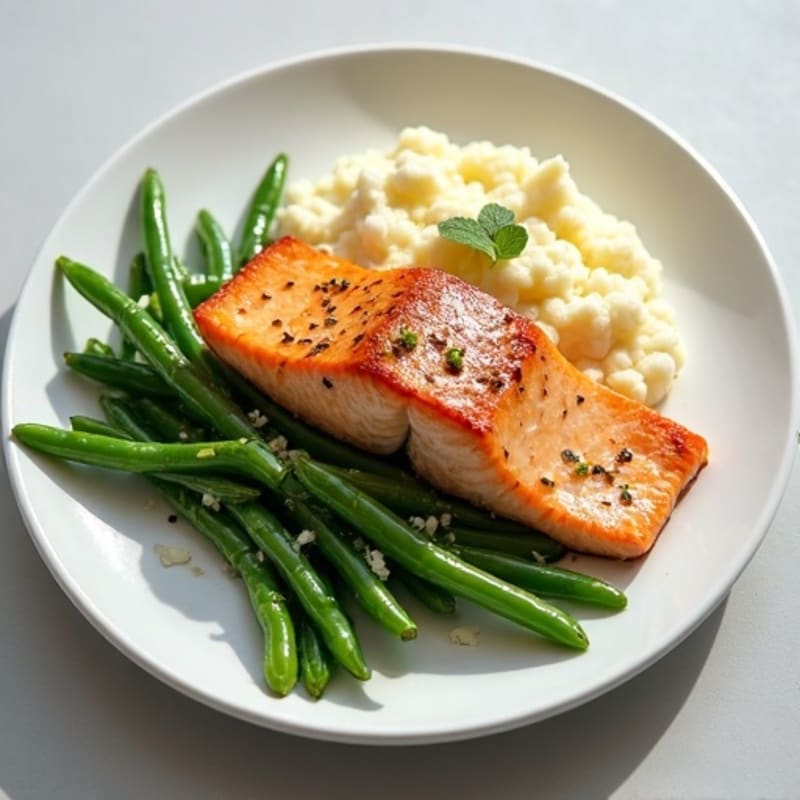 Seared Salmon Fillet with Garlic Green Beans and Cauliflower Mash