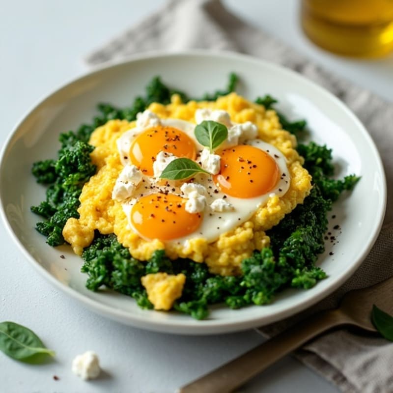 Scrambled Eggs with Cottage Cheese and Sautéed Spinach