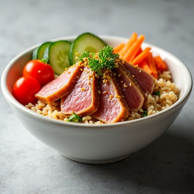 Fresh Marinated Tuna Bowl with Brown Rice and Crisp Vegetables