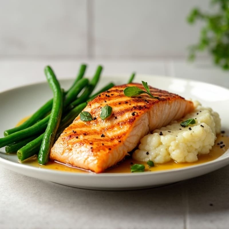 Seared Salmon with Garlic Green Beans and Mashed Cauliflower