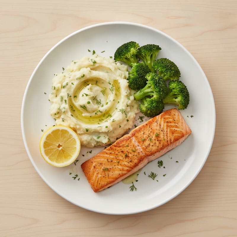 Seared Salmon with Garlic Mashed Potatoes and Steamed Broccoli