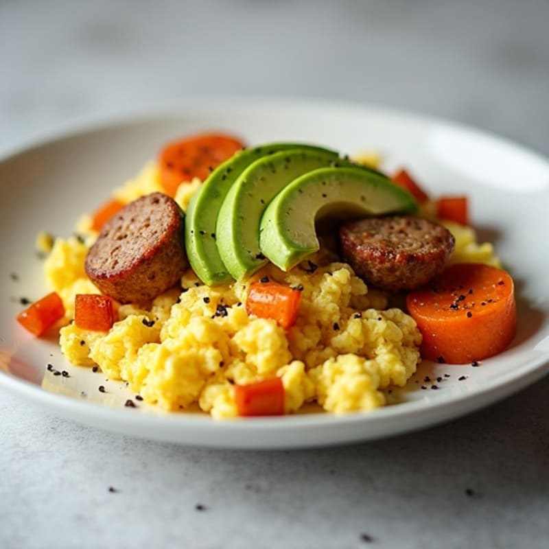 Egg White Scramble with Turkey Sausage and Roasted Sweet Potatoes