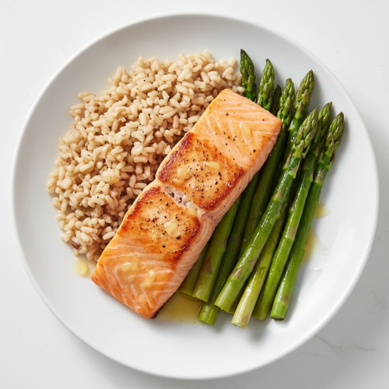 Seared Salmon with Steamed Asparagus and Brown Rice