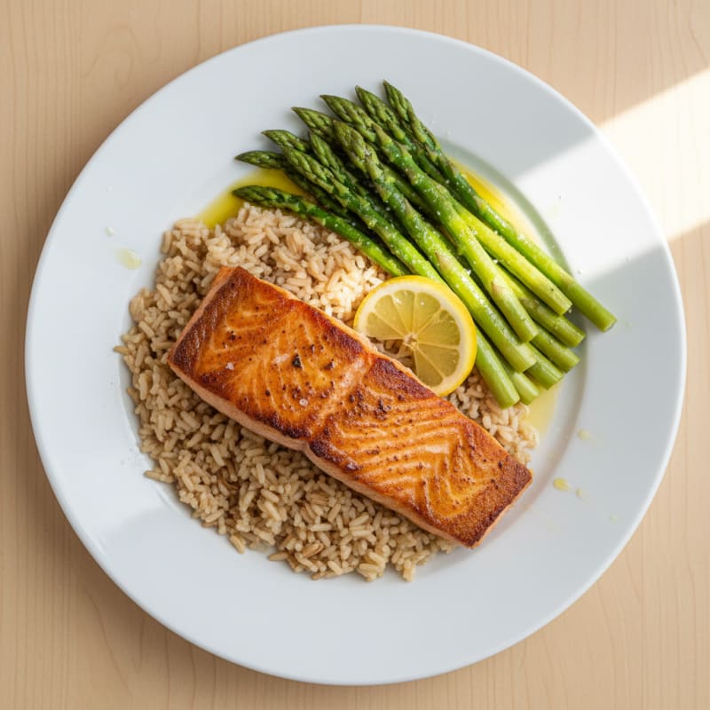 Seared Salmon Fillet with Steamed Asparagus and Brown Rice