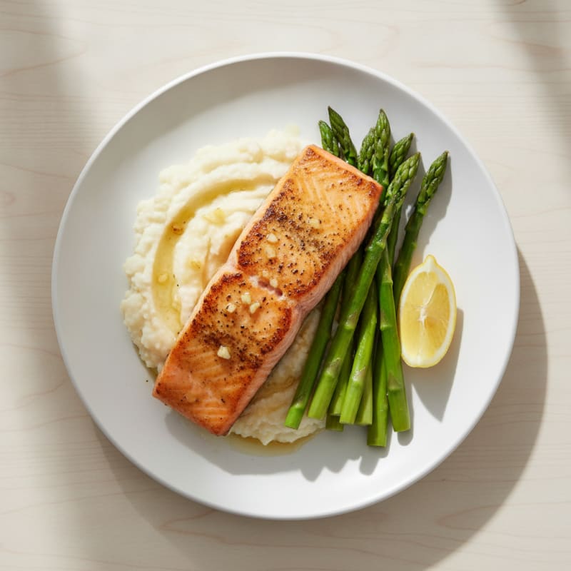 Seared Salmon with Steamed Asparagus and Cauliflower Mash