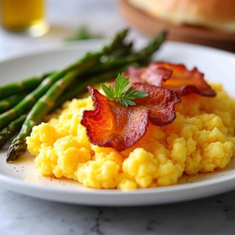 Crispy Turkey Bacon and Fluffy Scrambled Eggs with Roasted Asparagus