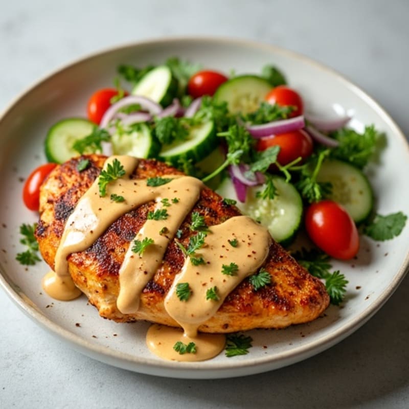 Lemon Garlic Spiced Chicken with Creamy Tahini Drizzle and Fresh Chopped Salad