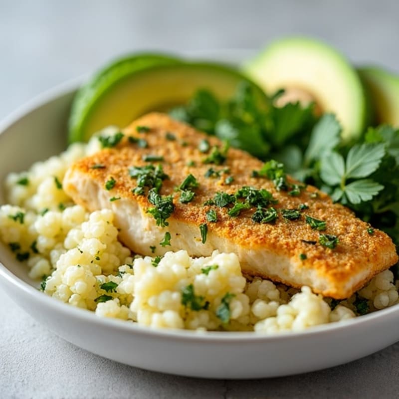 Herb-Crusted Cod with Cilantro-Lime Cauliflower Rice and Avocado