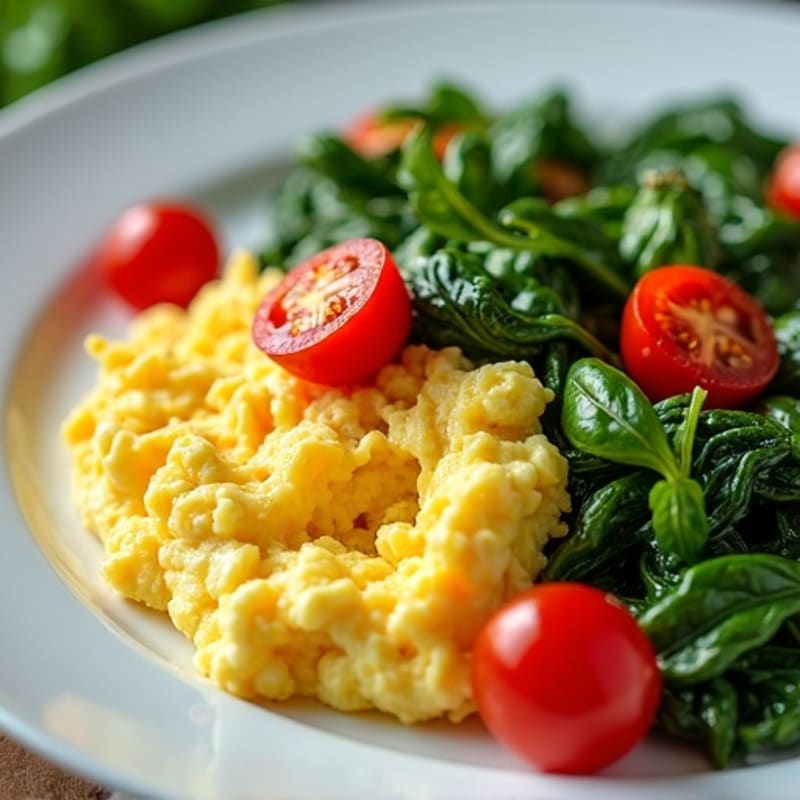 Fluffy Scrambled Eggs with Sautéed Spinach and Cherry Tomatoes