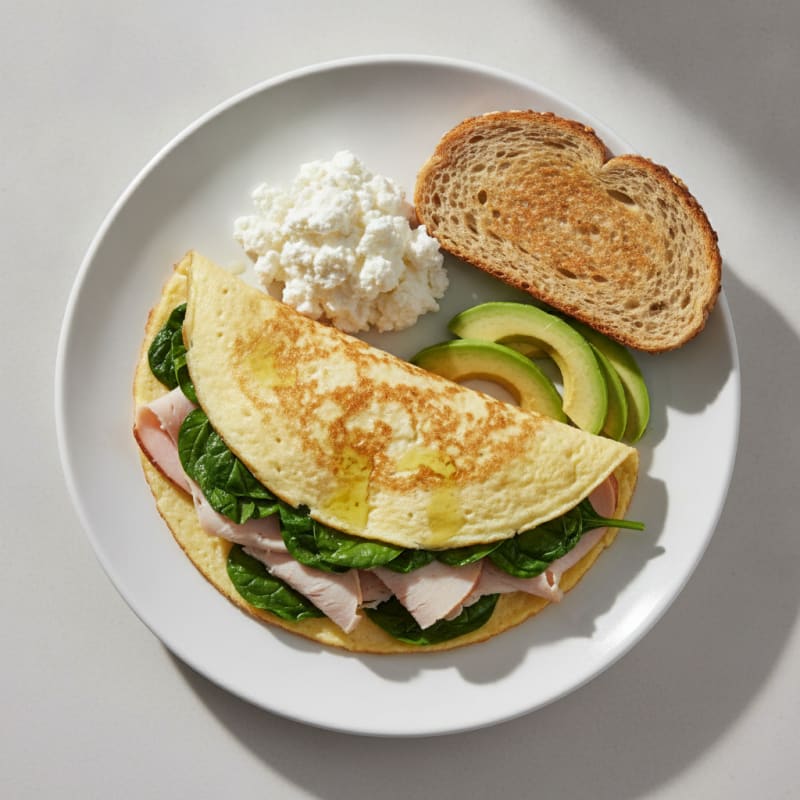 Egg White Spinach Omelette with Cottage Cheese and Sliced Turkey
