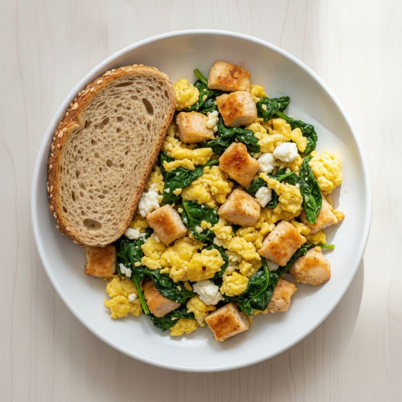 Creamy Cottage Cheese Scramble with Sautéed Chicken and Spinach