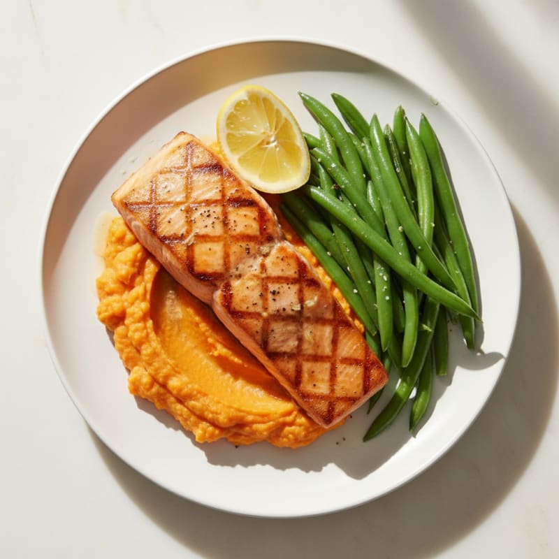 Seared Salmon Fillet with Steamed Green Beans and Sweet Potato Mash