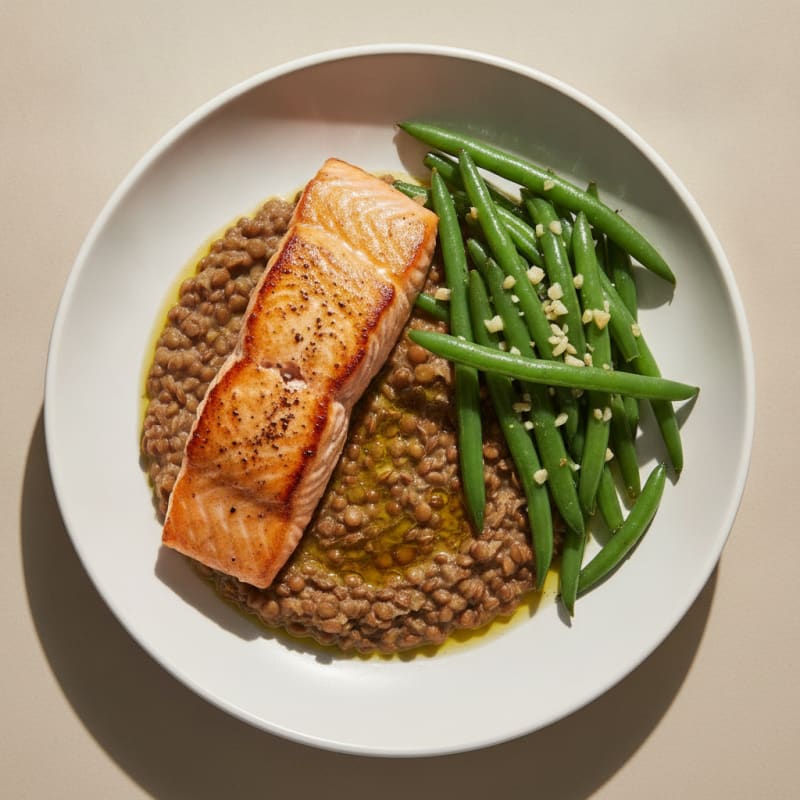 Seared Salmon with Garlic Green Beans and Lentil Mash