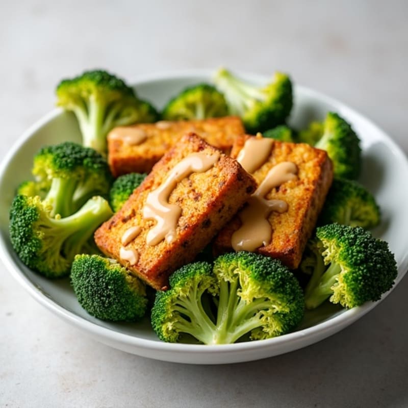 Crispy Baked Tofu with Roasted Broccoli and Creamy Peanut Dressing