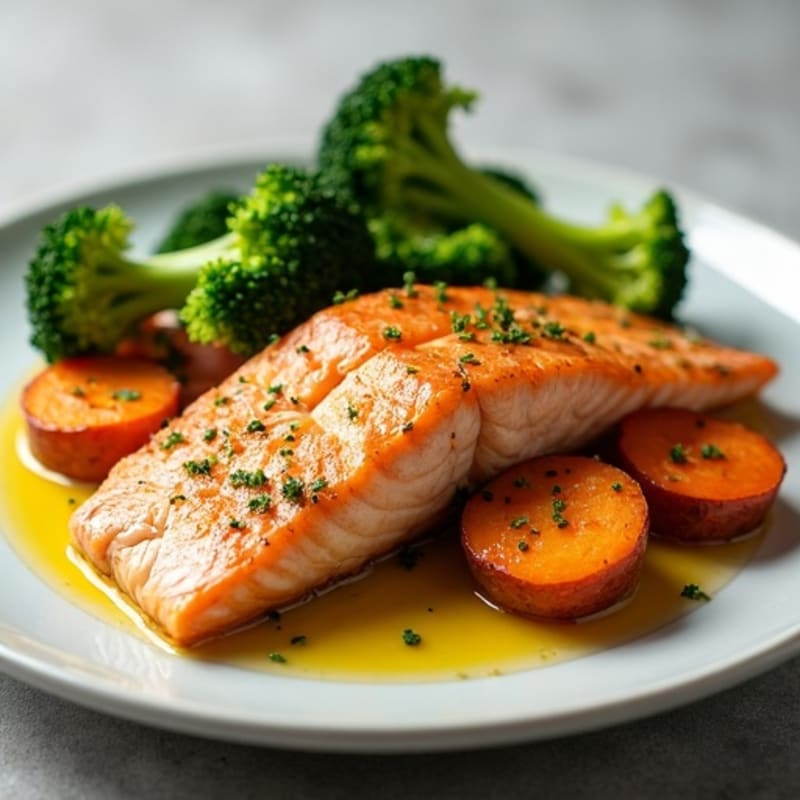 Seared Salmon with Roasted Sweet Potatoes and Steamed Broccoli