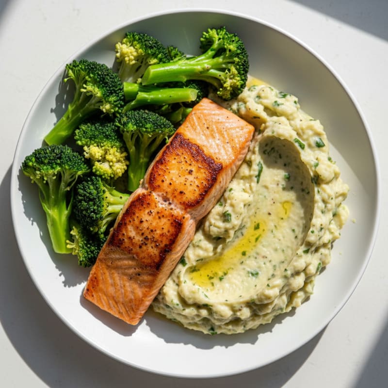 Seared Salmon with Steamed Broccoli and Herb-Cauliflower Mash